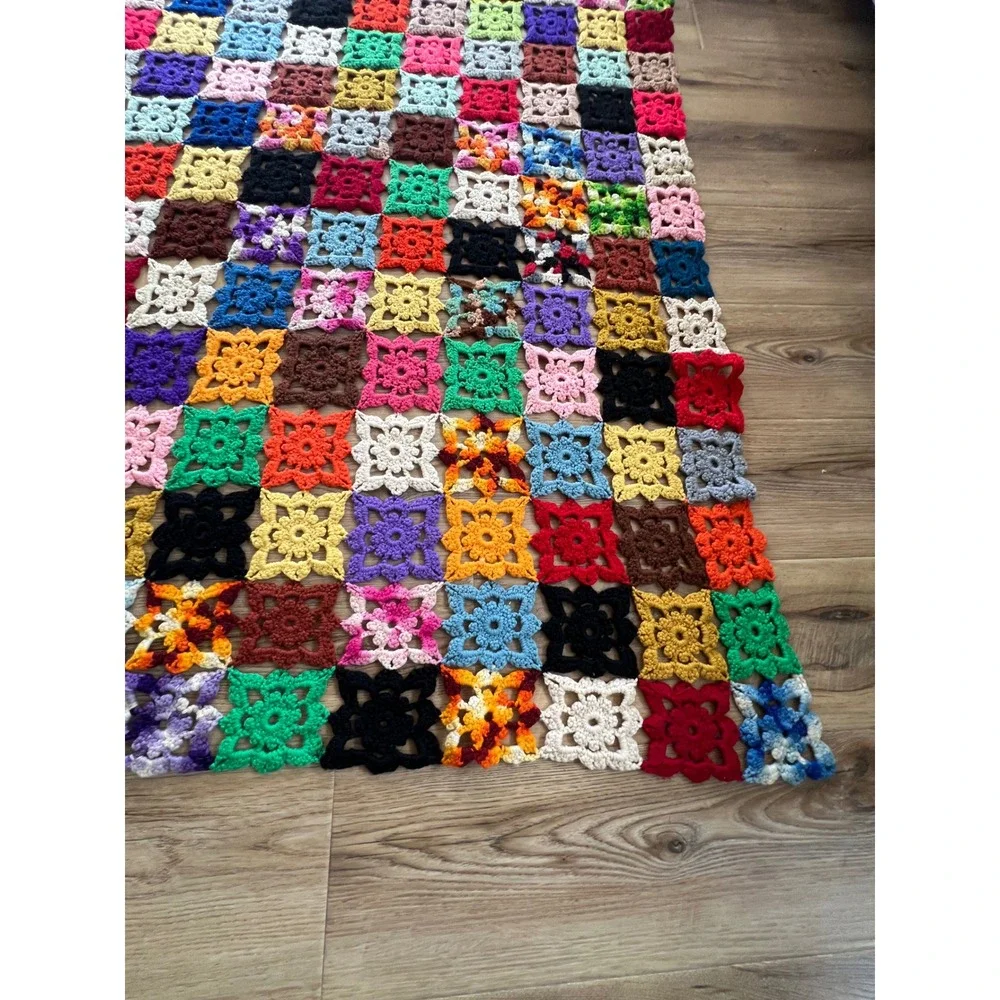 Vintage Handmade Crochet Granny Square Blanket Multi Color Patchwork Throw 55x65
